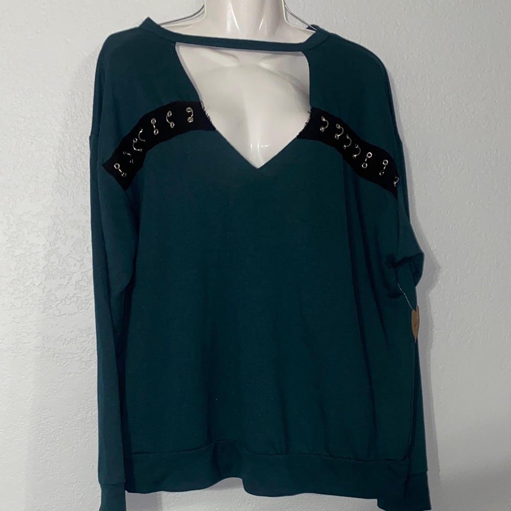Teal Cutout Sweater with Black Sequin Detail x large